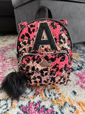 Justice Reversible Sequin Pink Black Kids Mini Backpack Cheetah Ears Fur Pom Pom